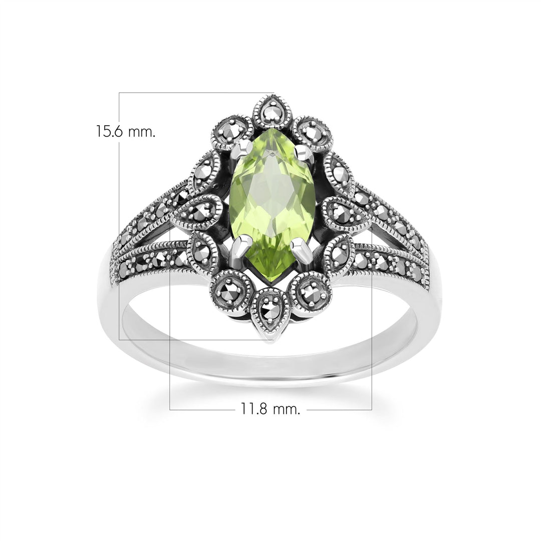 Anillo de peridoto y marcasita estilo marquesa Art Déco en plata de ley