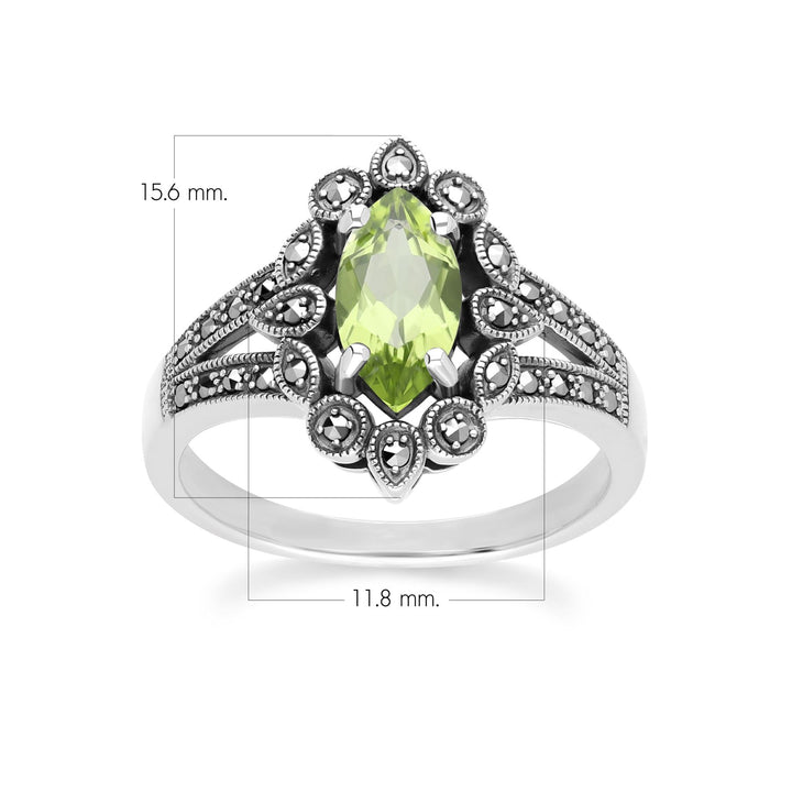Anillo de peridoto y marcasita estilo marquesa Art Déco en plata de ley