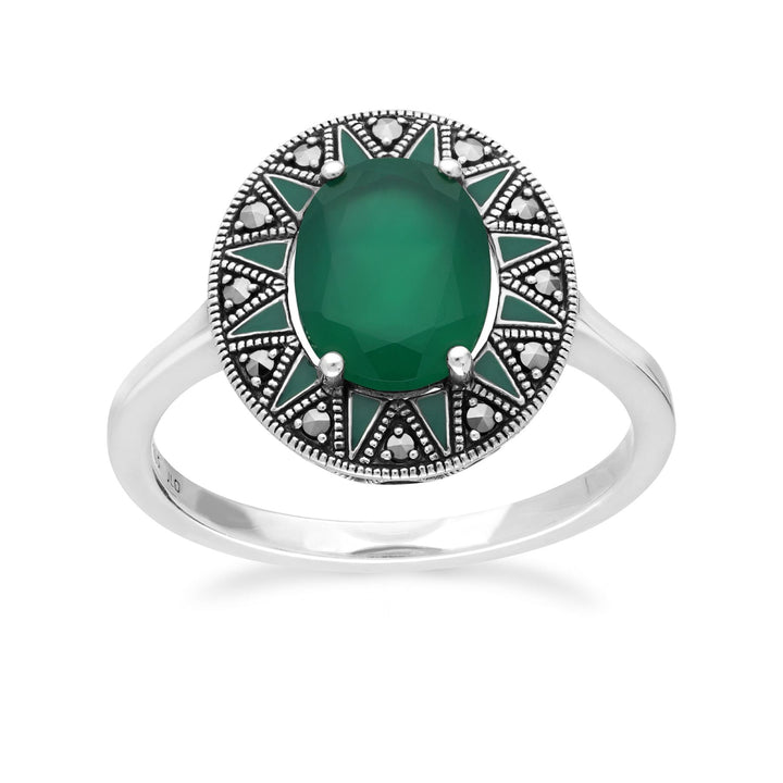 Anillo ovalado de calcedonia y marcasita de inspiración Art Déco