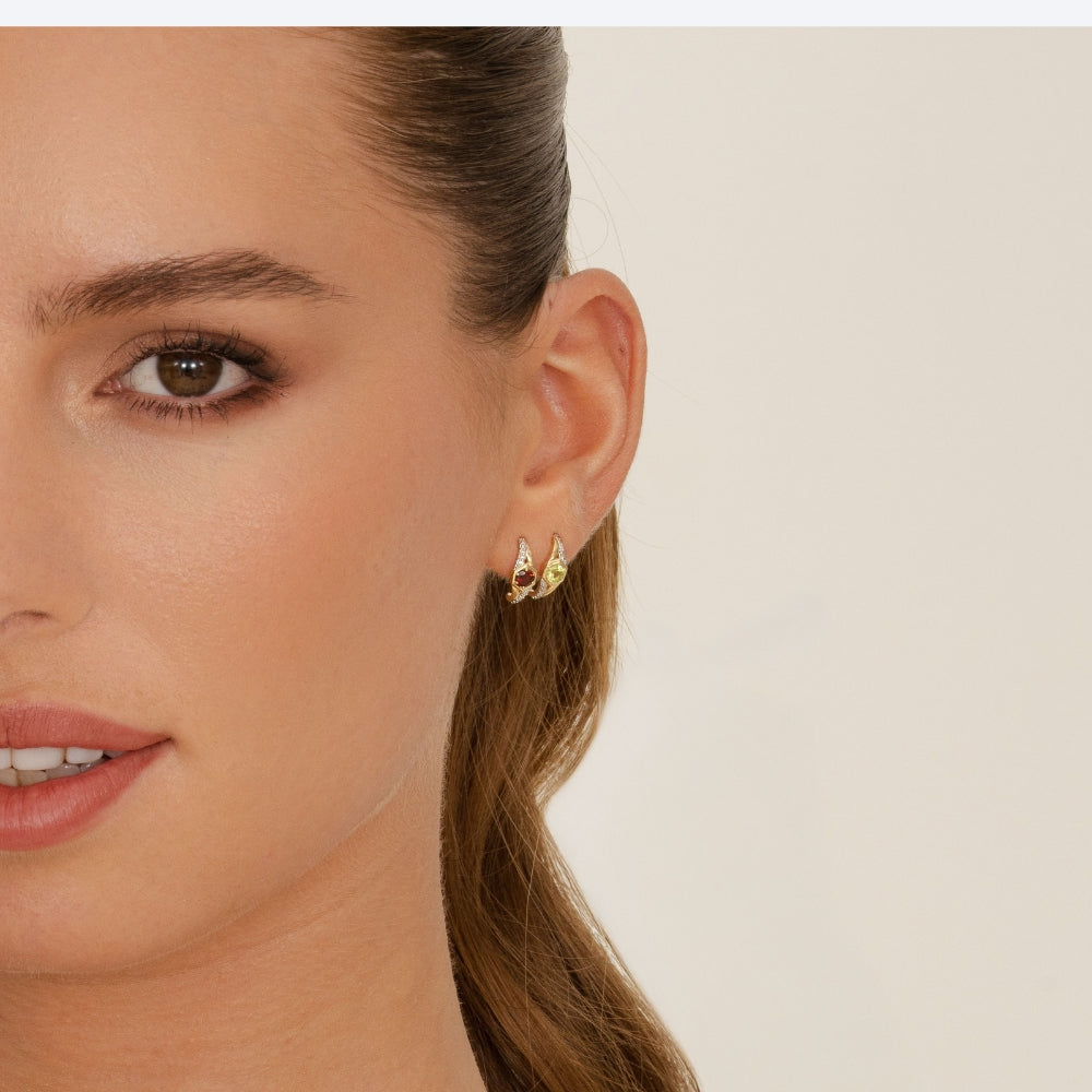 Geometric Hexagon with Prong set Round Garnet and Diamond Half Hoop Earrings in 9ct Yellow Gold