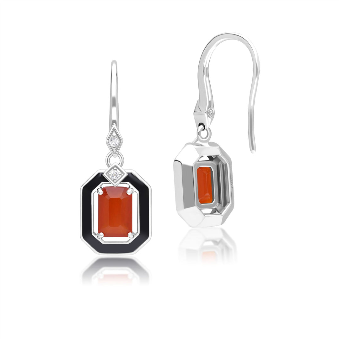 Pendientes colgantes Grand Deco de esmalte negro, cornalina y topacio en plata de ley