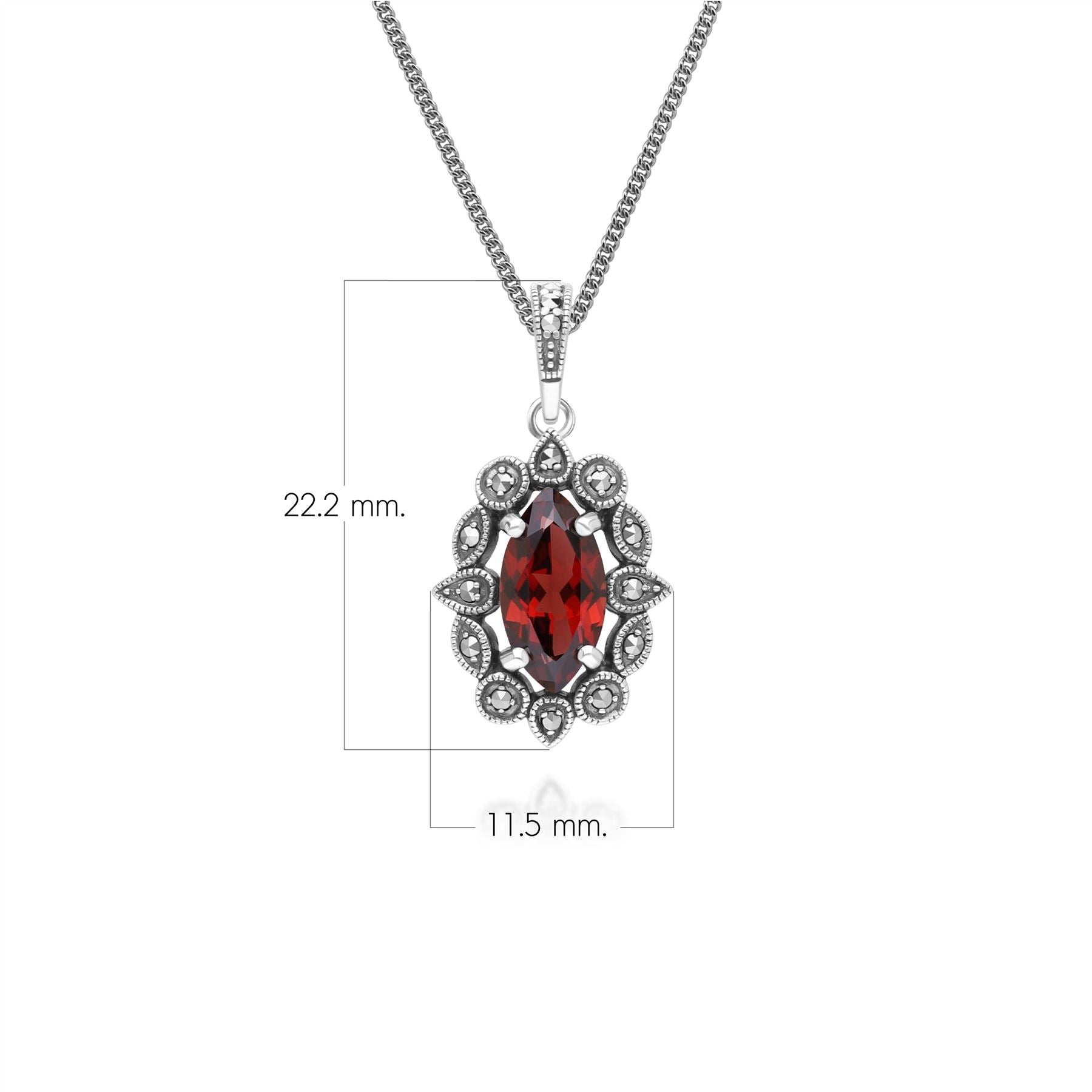 Art Deco Style Marquise Garnet & Marcasite Pendant Necklace in Sterling Silver