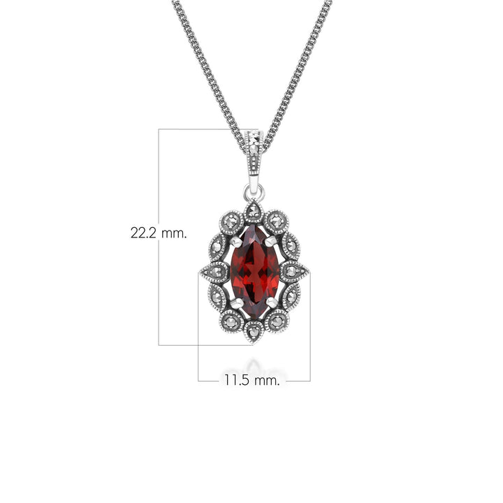 Collar con colgante de granate marquesa y marcasita estilo art déco en plata de ley.