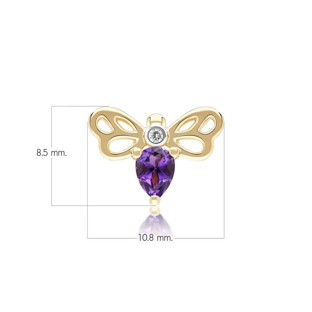 Honeycomb Art Nouveau Pear Shape Amethyst and Diamond Bee Pin in 9ct Yellow Gold