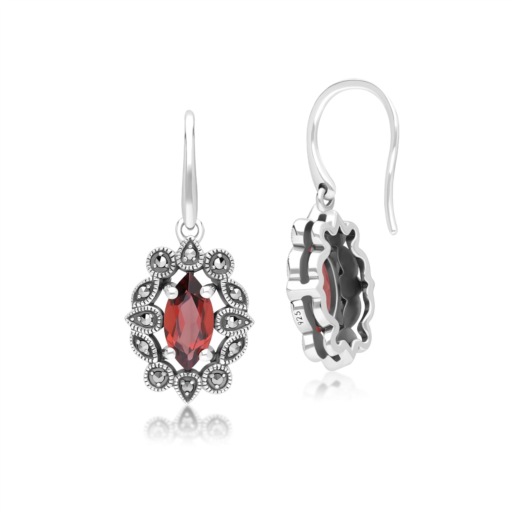 Art Deco Style Marquise Garnet & Marcasite Drop Earrings in Sterling Silver