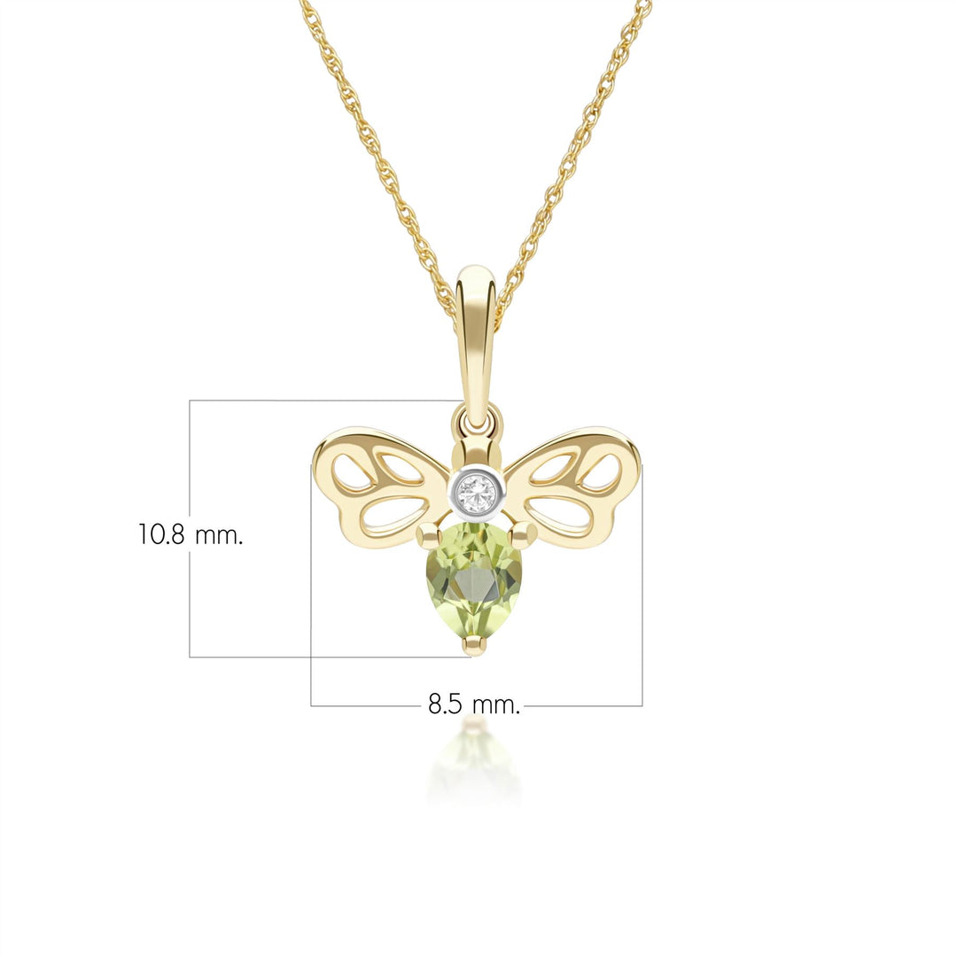 Honeycomb Art Nouveau Pear Shape Peridot and Diamond Bee Pendant Necklace in 9ct Yellow Gold