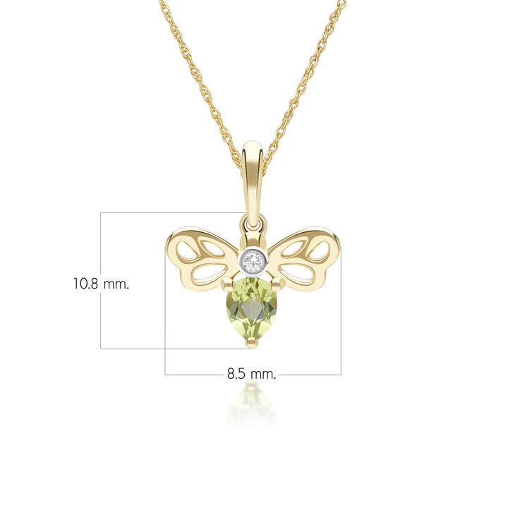 Honeycomb Art Nouveau Pear Shape Peridot and Diamond Bee Pendant Necklace in 9ct Yellow Gold
