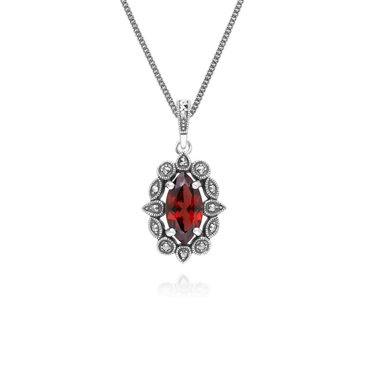 Collar con colgante de granate marquesa y marcasita estilo art déco en plata de ley.