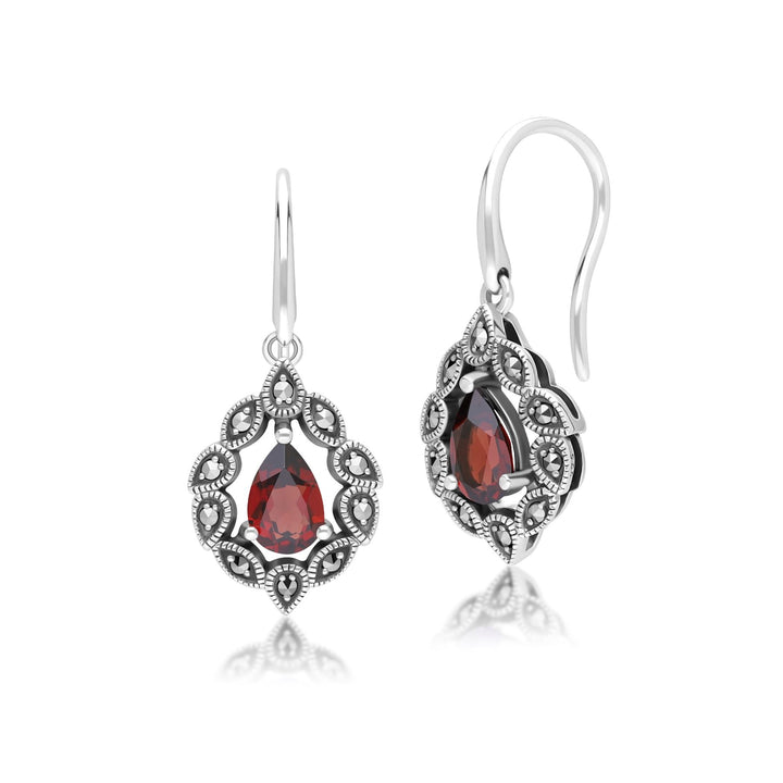 Pendientes colgantes de granate pera y marcasita estilo Art Déco en plata de ley