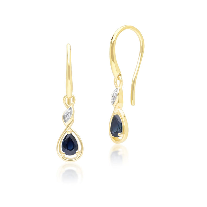 Pendientes colgantes clásicos de zafiro pera y diamantes en oro amarillo de 9 quilates