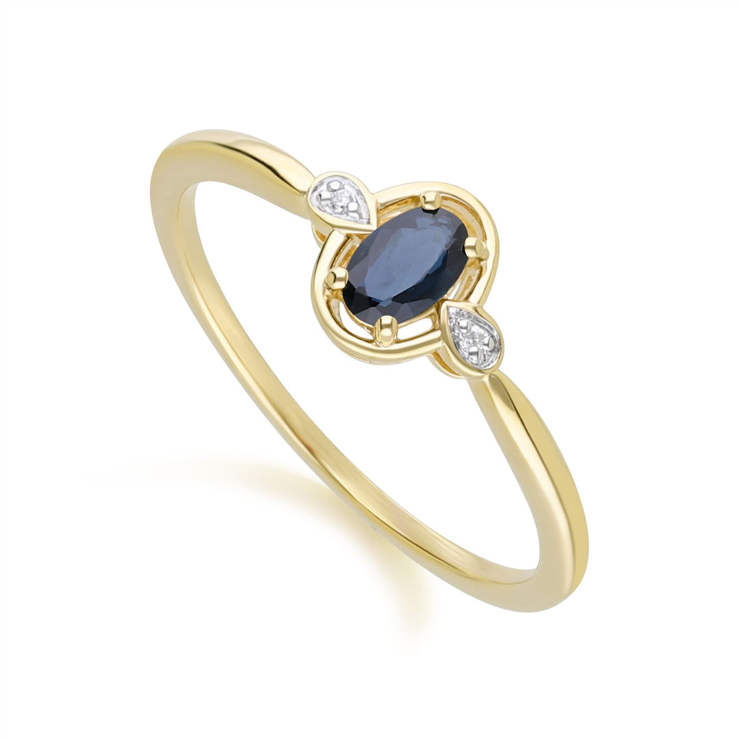 Anillo clásico de oro amarillo de 9 quilates con zafiro ovalado y diamante redondo