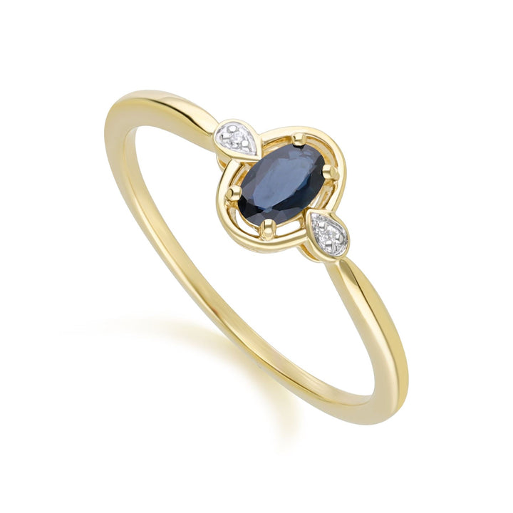 Anillo clásico de oro amarillo de 9 quilates con zafiro ovalado y diamante redondo
