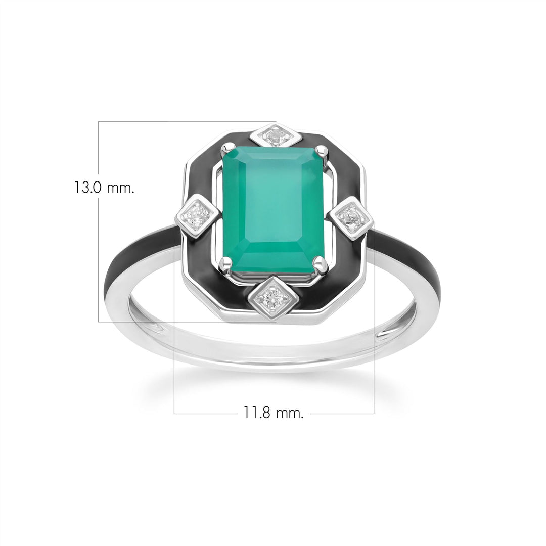 Anillo Grand Deco de esmalte negro, calcedonia verde y topacio en plata de ley