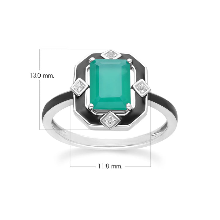 Anillo Grand Deco de esmalte negro, calcedonia verde y topacio en plata de ley