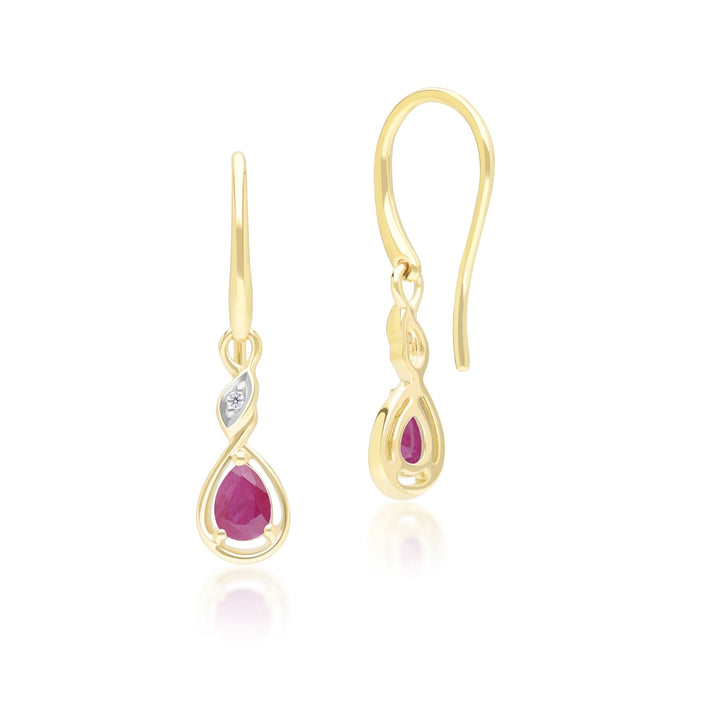 Pendientes colgantes clásicos de rubí y diamantes en forma de pera en oro amarillo de 9 quilates