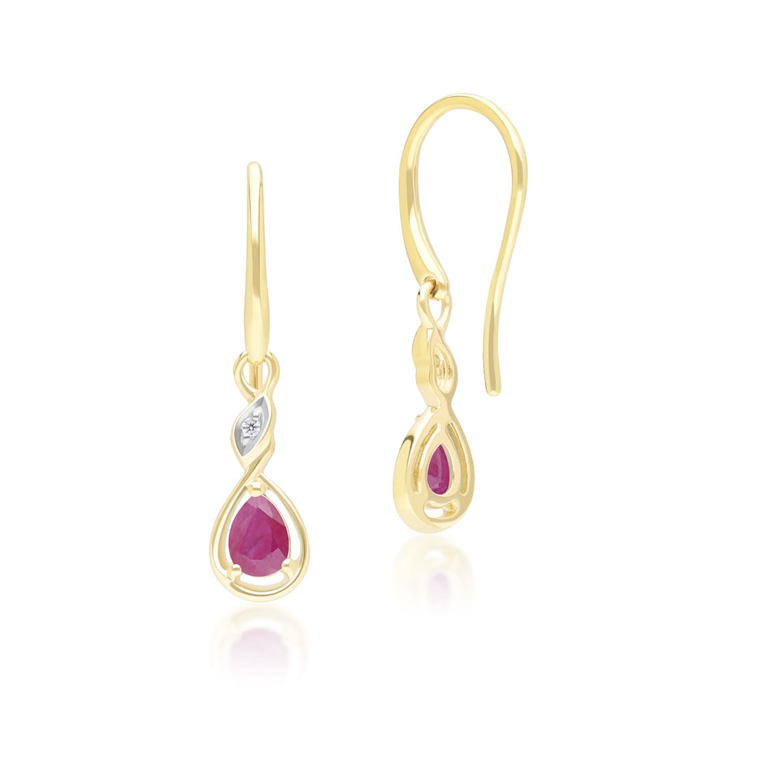 Pendientes colgantes clásicos de rubí y diamantes en forma de pera en oro amarillo de 9 quilates