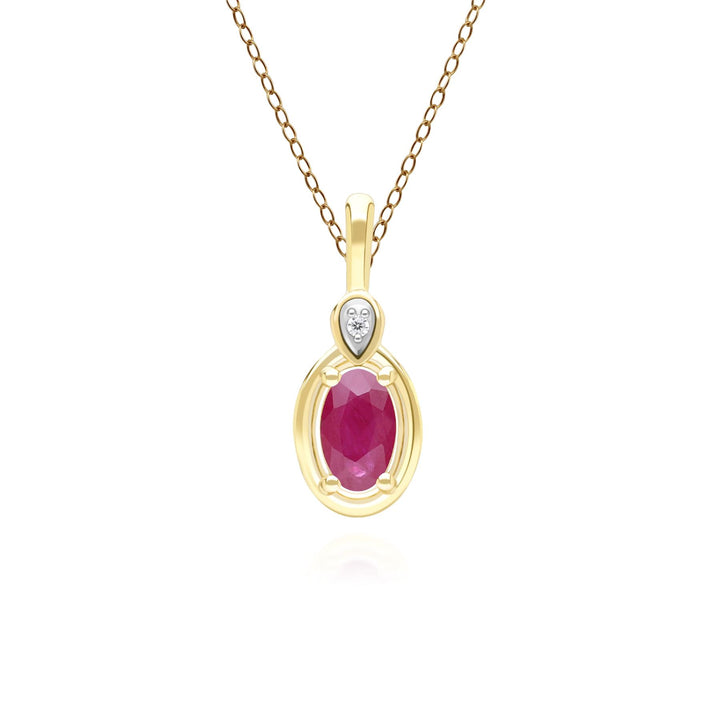 Collar clásico con colgante de rubí ovalado y diamante redondo en oro amarillo de 9 quilates