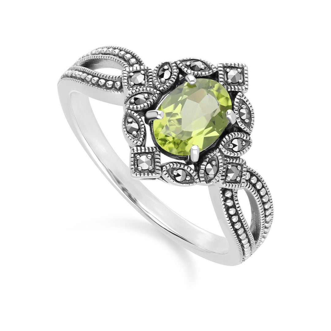 Anillo ovalado de peridoto y marcasita estilo art déco en plata de ley