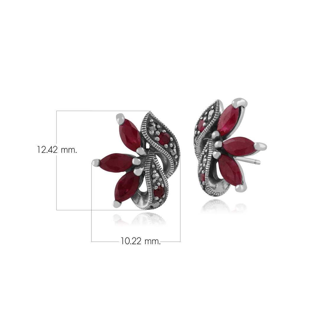 Aretes de hoja de marcasita y rubí marquesa Art Nouveau en plata de ley 925