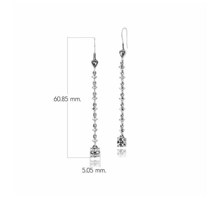 Aretes largos colgantes redondos de marcasita estilo Art Deco en plata de ley 925