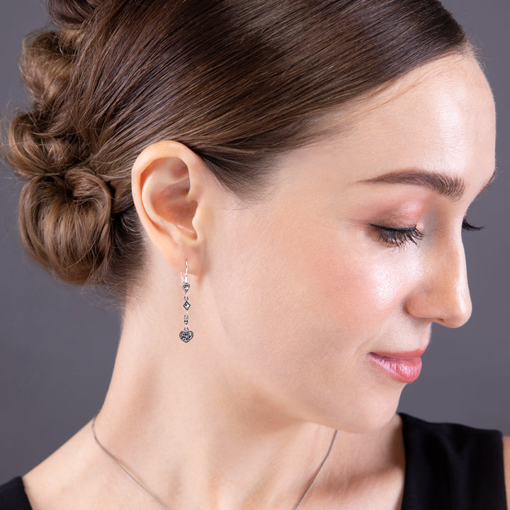 Aretes colgantes de corazón con pavé de marcasita redondo estilo Art Deco en plata de ley 925