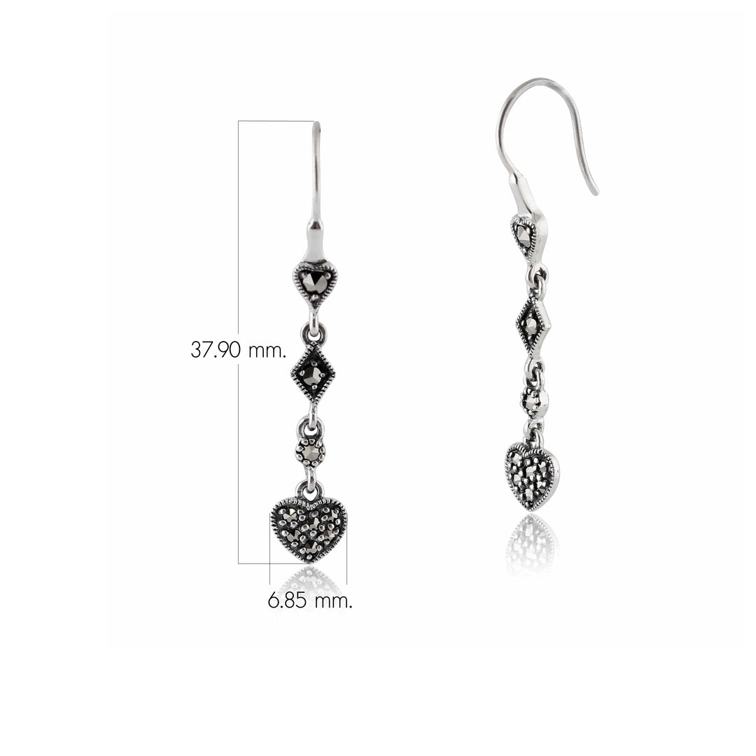 Aretes colgantes de corazón con pavé de marcasita redondo estilo Art Deco en plata de ley 925