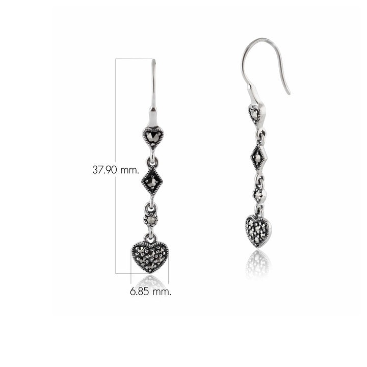 Aretes colgantes de corazón con pavé de marcasita redondo estilo Art Deco en plata de ley 925