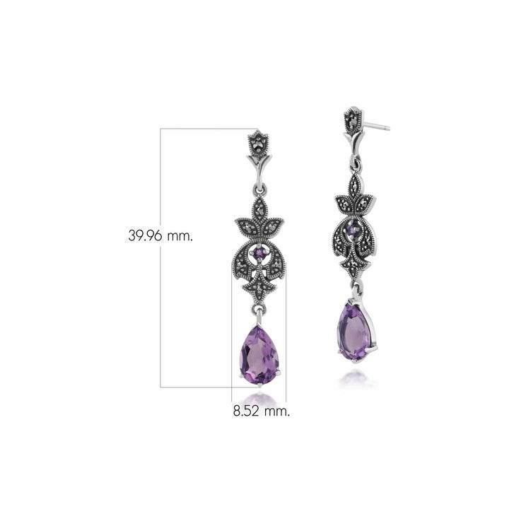 Pendientes colgantes de amatista pera y marcasita redonda de estilo Art Nouveau en plata de ley 925