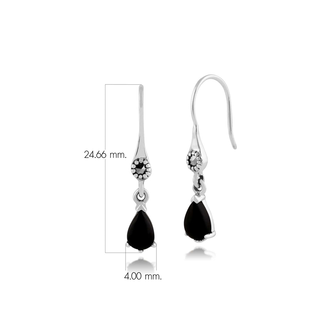 Aretes colgantes estilo Art Nouveau con pera, ónix negro y marcasita en plata de ley 925