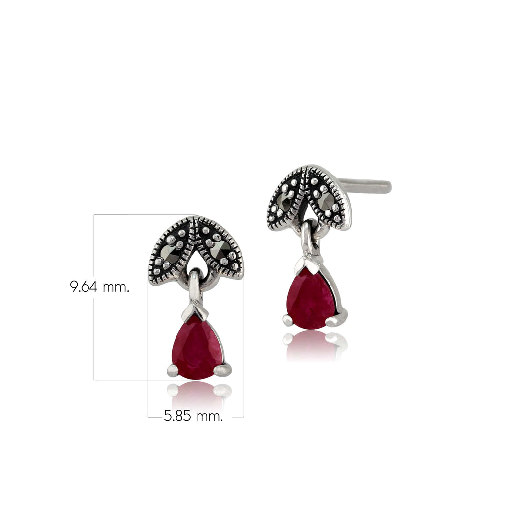 Aretes colgantes estilo Art Nouveau con pera, rubí y marcasita en plata de ley 925