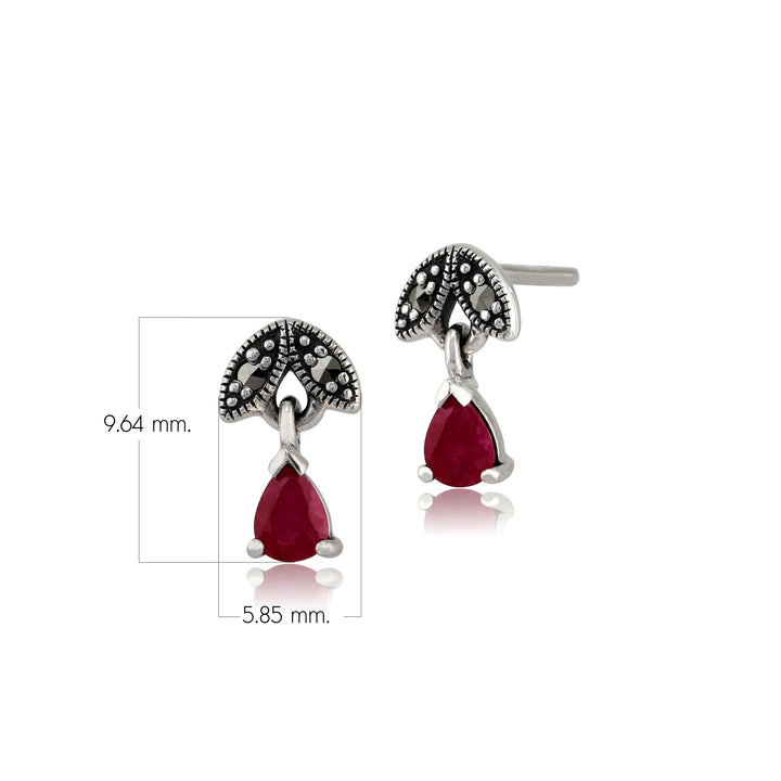 Aretes colgantes estilo Art Nouveau con pera, rubí y marcasita en plata de ley 925