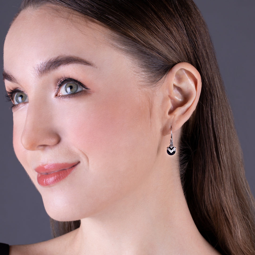 Aretes colgantes redondos estilo Art Déco de ónix negro y marcasita en plata de ley 925