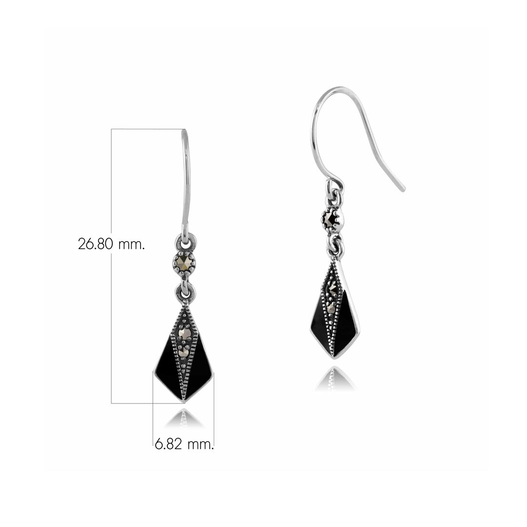 Aretes colgantes redondos de marcasita y esmalte estilo Art Deco en plata de ley 925