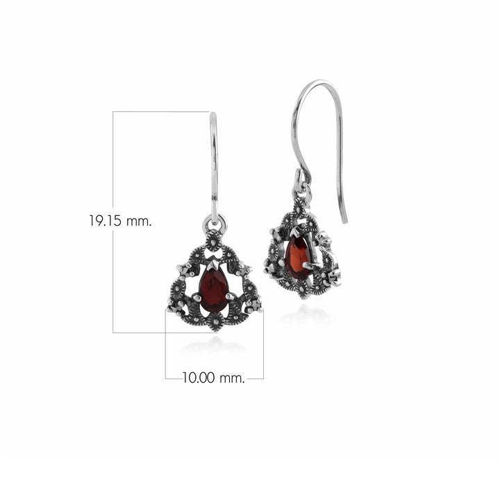 Aretes colgantes de guirnalda de marcasita y granate pera estilo Art Nouveau en plata