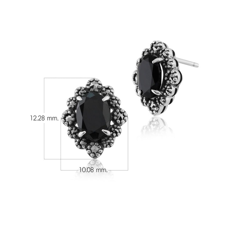 Aretes ovalados de espinela negra y marcasita estilo Art Deco en plata de ley 925