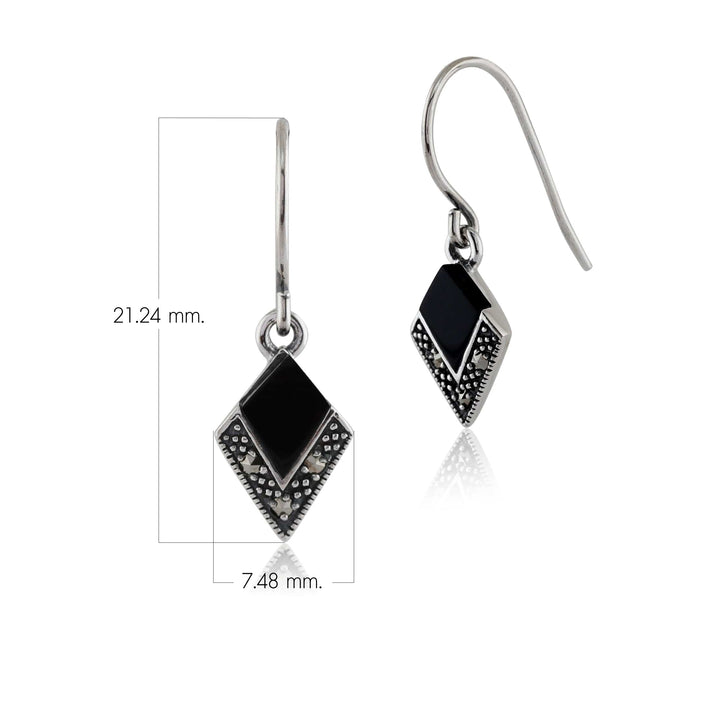 Aretes colgantes estilo Art Déco de ónix negro y marcasita en plata de ley 925