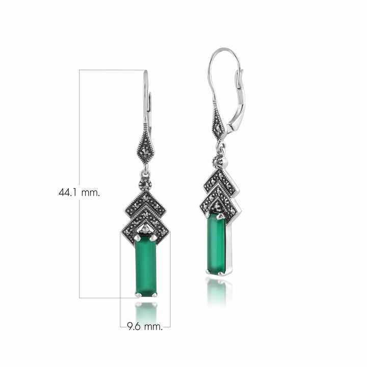 Aretes colgantes rectangulares estilo Art Déco de calcedonia verde y marcasita en plata