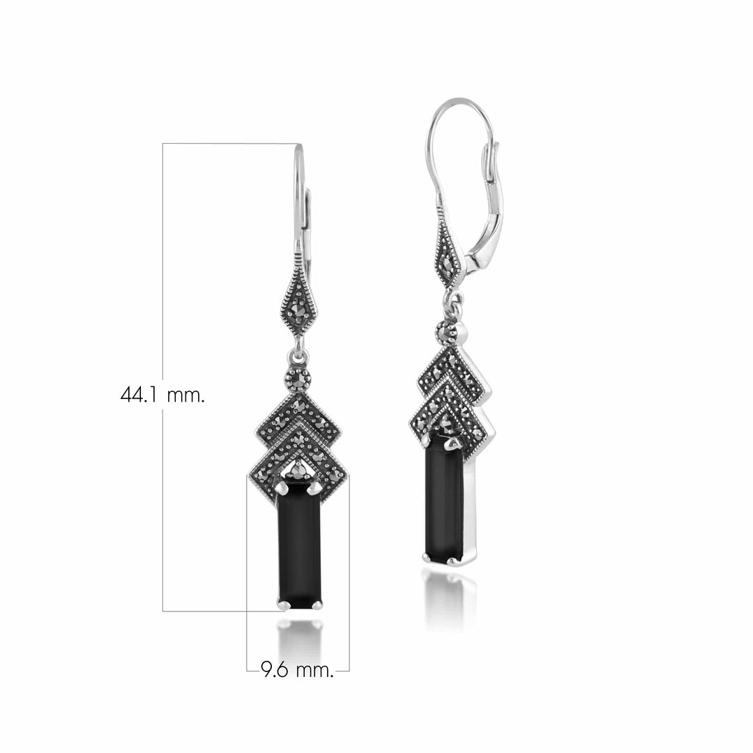 Aretes colgantes rectangulares estilo Art Déco de ónix negro y marcasita en plata