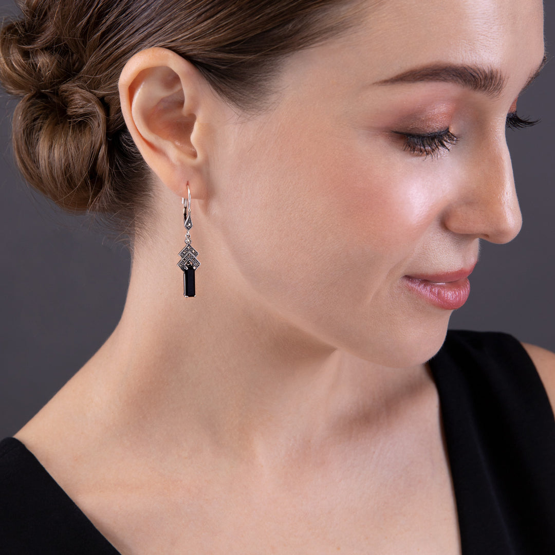 Aretes colgantes rectangulares estilo Art Déco de ónix negro y marcasita en plata