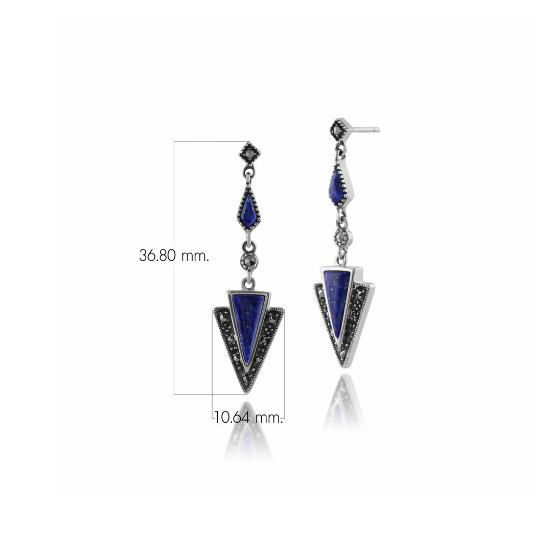 Aretes colgantes triangulares de lapislázuli y marcasita estilo Art Deco en plata de ley 925