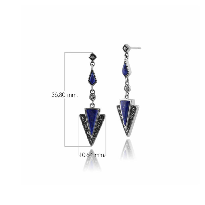 Aretes colgantes triangulares de lapislázuli y marcasita estilo Art Deco en plata de ley 925