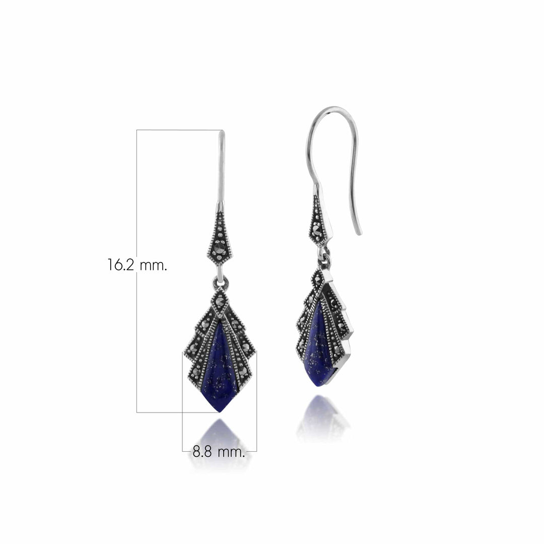 Aretes colgantes estilo art déco con diamantes, lapislázuli y marcasita en plata de ley 925