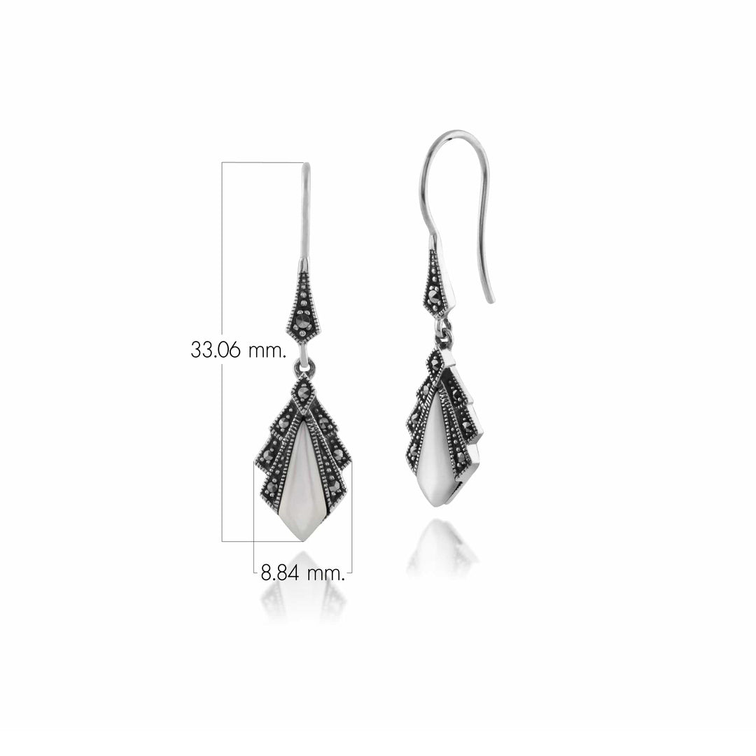 Aretes colgantes estilo art déco con diamantes de nácar y marcasita en plata de ley 925