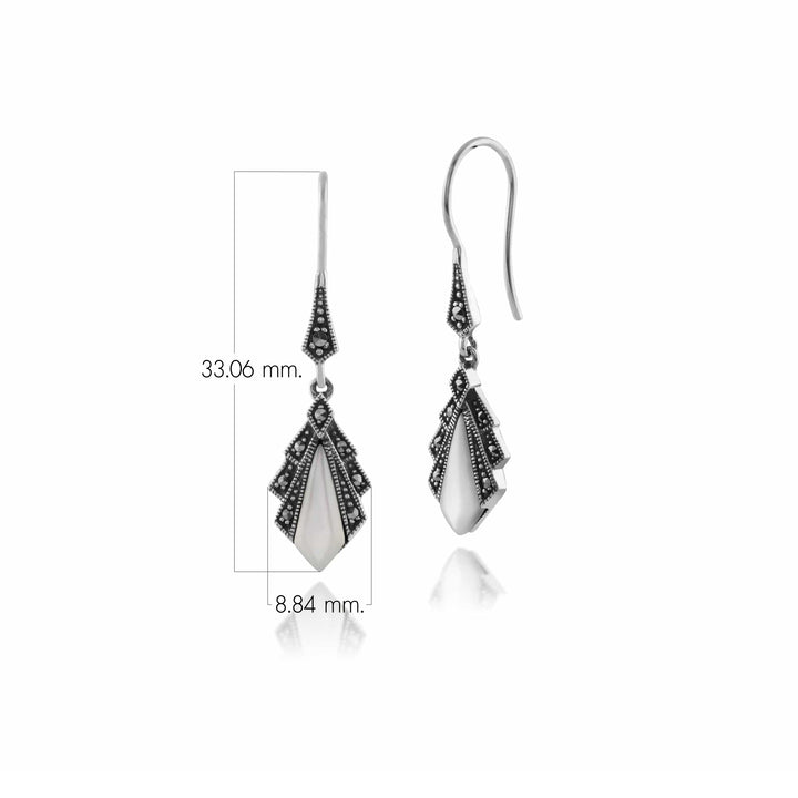Aretes colgantes estilo art déco con diamantes de nácar y marcasita en plata de ley 925