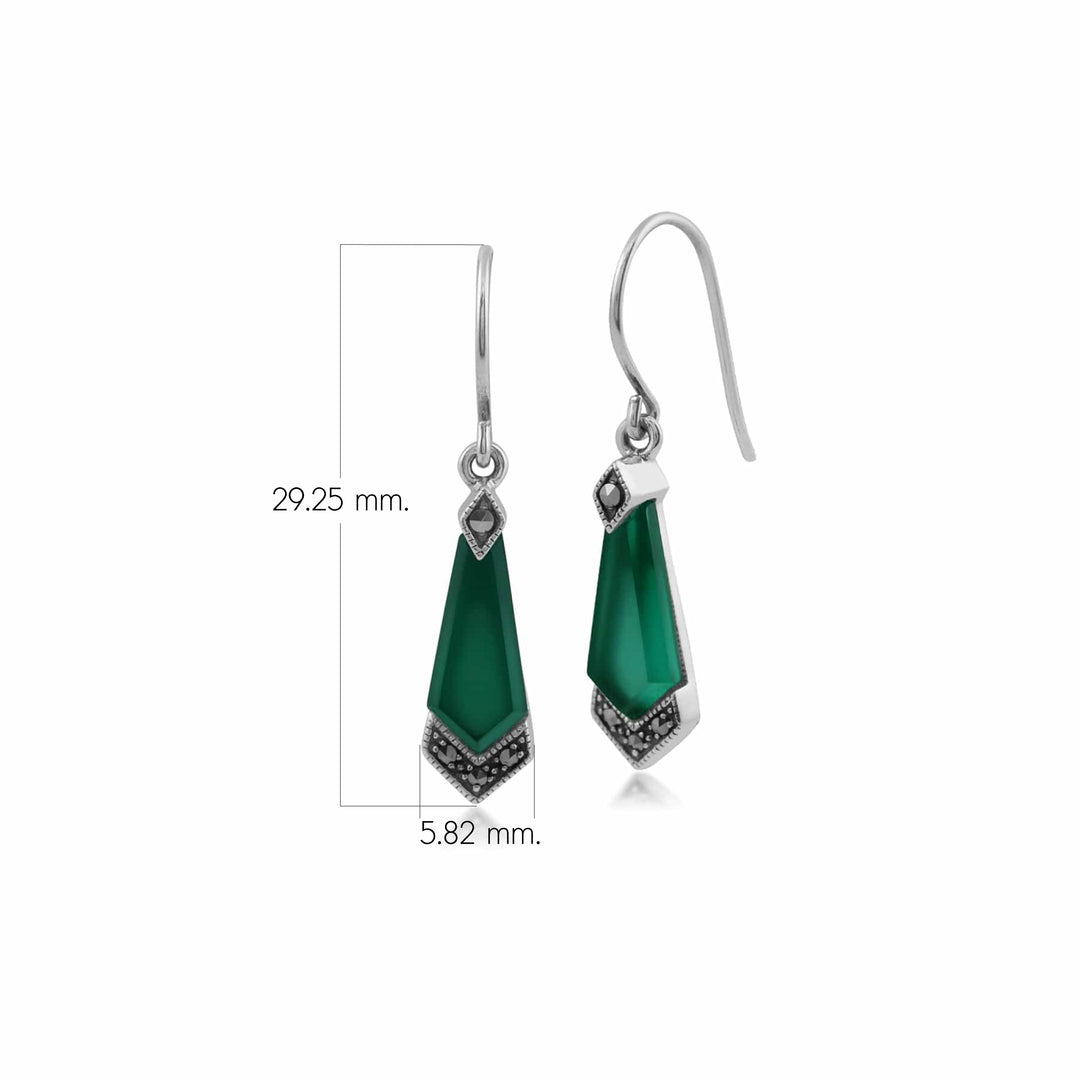 Aretes colgantes de cometa estilo Art Déco con calcedonia verde y marcasita en plata de ley 925