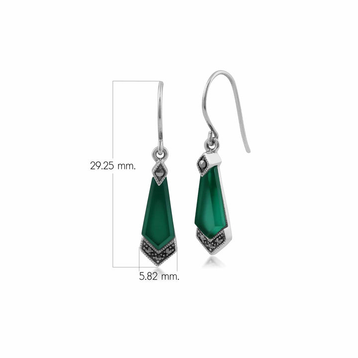 Aretes colgantes de cometa estilo Art Déco con calcedonia verde y marcasita en plata de ley 925