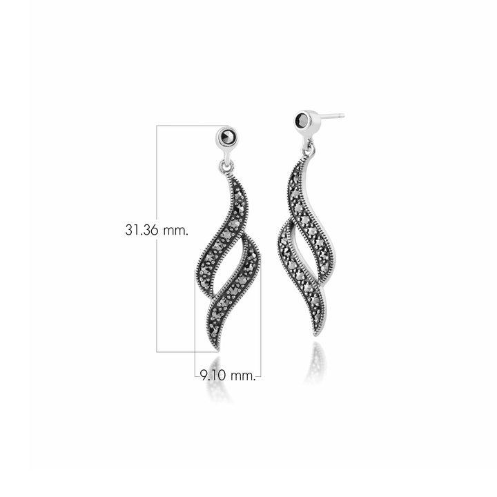Aretes colgantes redondos de remolino de marcasita estilo Art Nouveau en plata de ley 925
