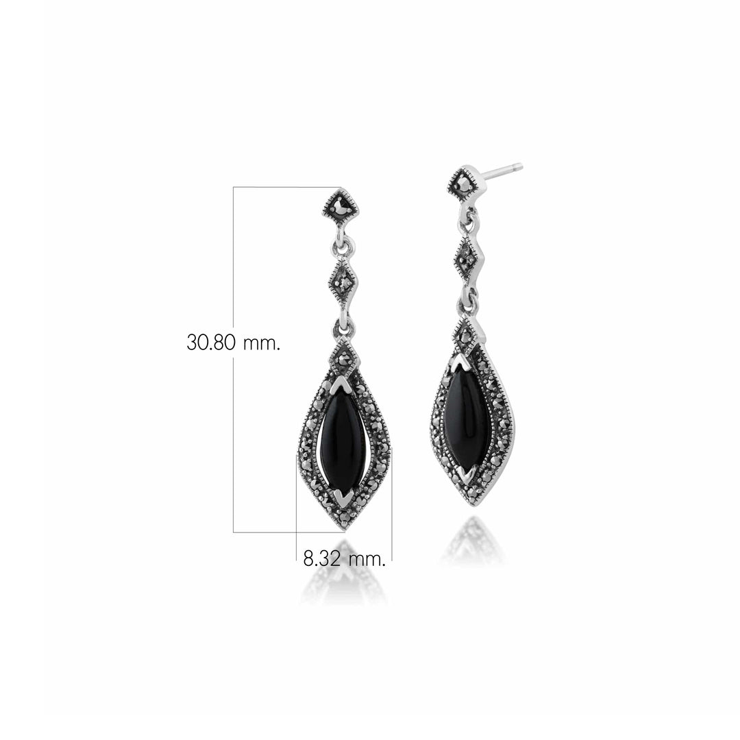 Aretes colgantes con halo de marcasita y ónix negro marquesa Art Déco en plata de ley 925