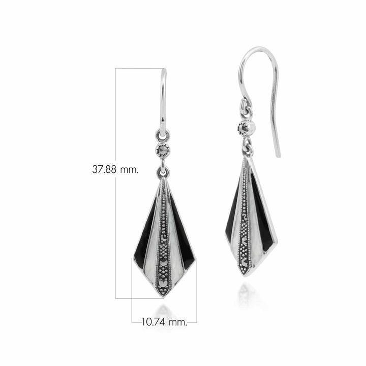 Aretes redondos estilo Art Déco con marcasitas en forma de abanico con esmalte blanco y negro en plata de ley 925