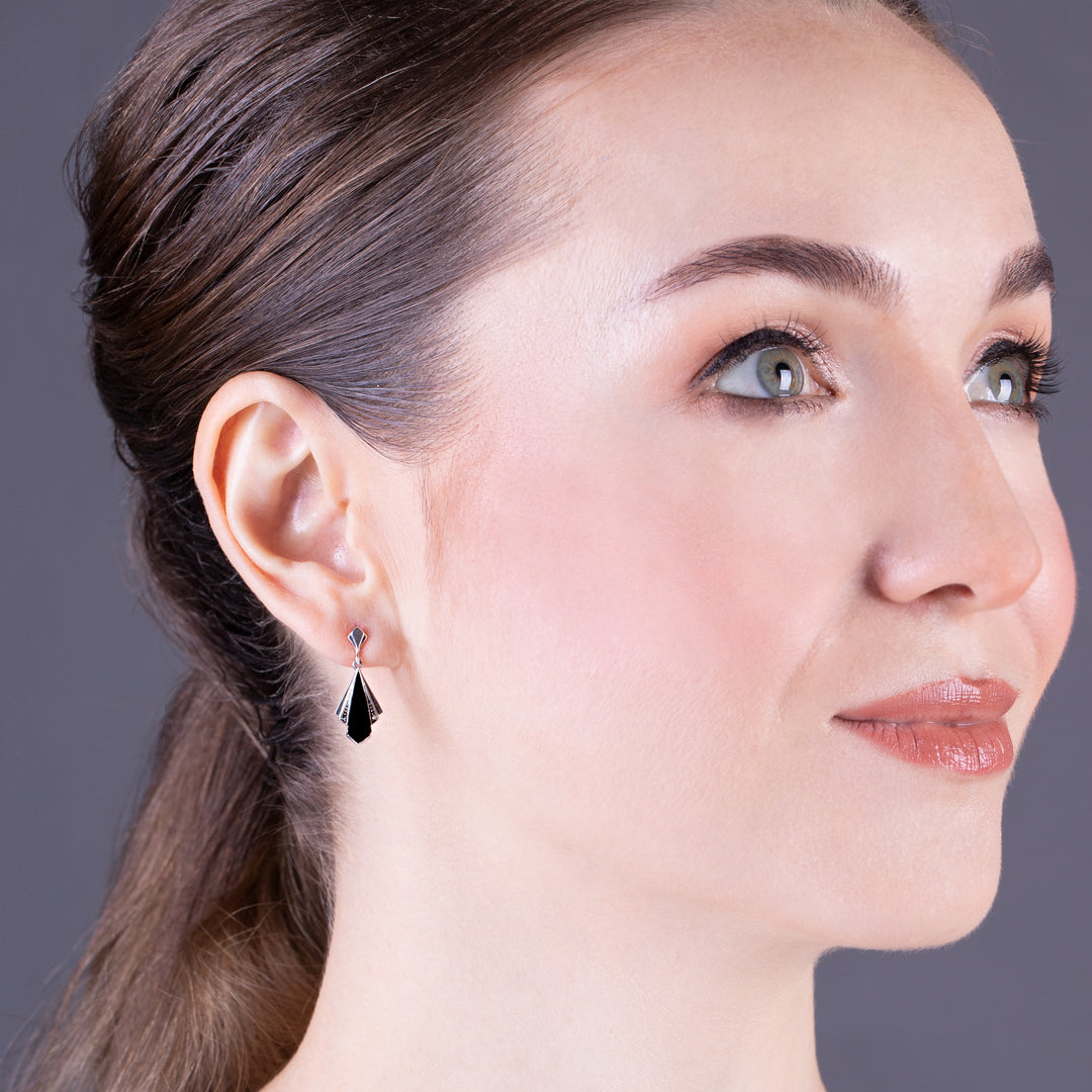 Aretes colgantes estilo art déco de ónix negro y marcasita en forma de abanico en plata de ley 925